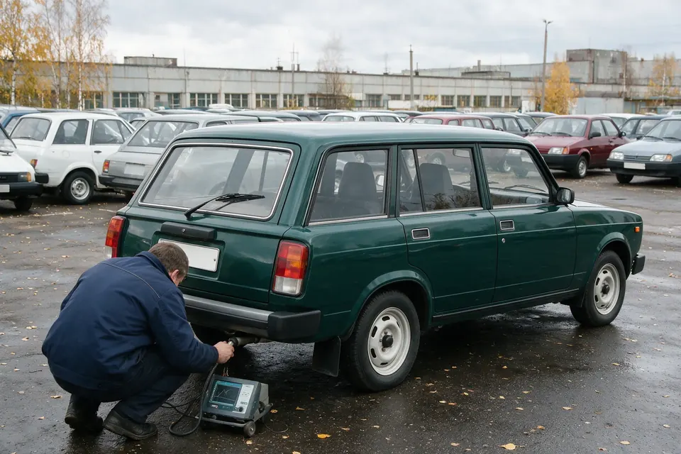 Новая тёмно-зелёная LADA 2104 на площадке готовой продукции ИжАвто, контролёр проверяет выхлоп газоанализатором