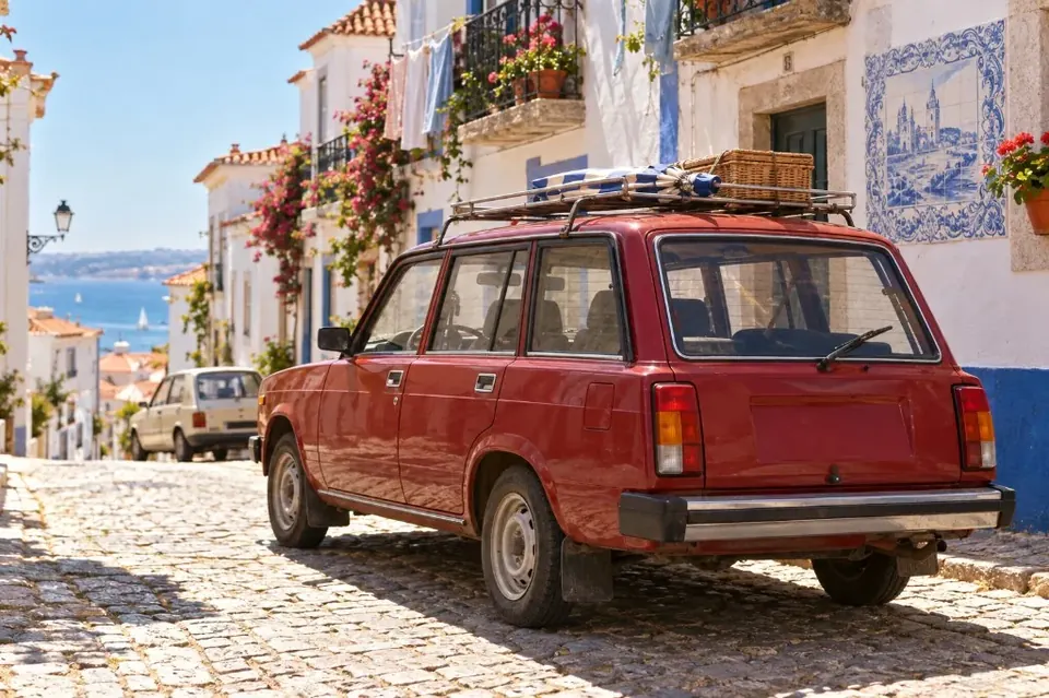 Красный универсал Lada 2104 с багажником на крыше на мощёной улице португальского приморского городка